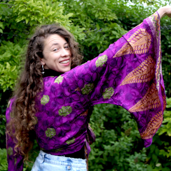Recycled India Sari Purple + Lime Green Butterfly Wrap Top