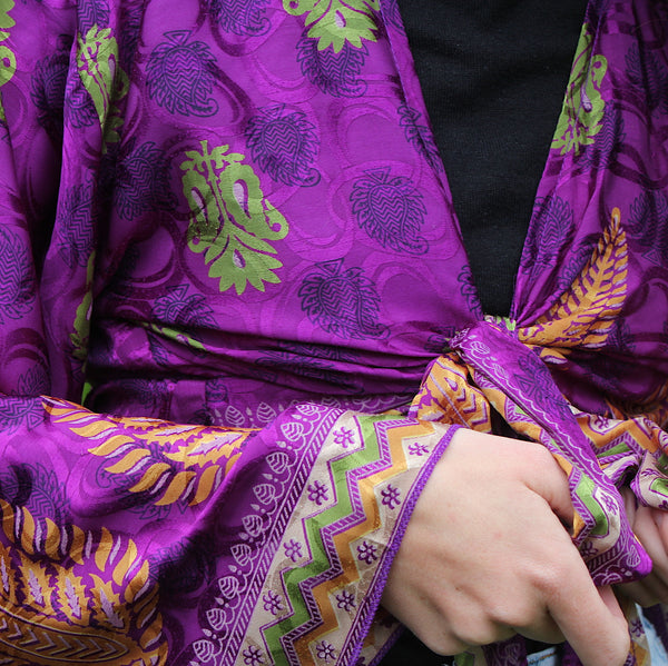 Recycled India Sari Purple + Lime Green Butterfly Wrap Top