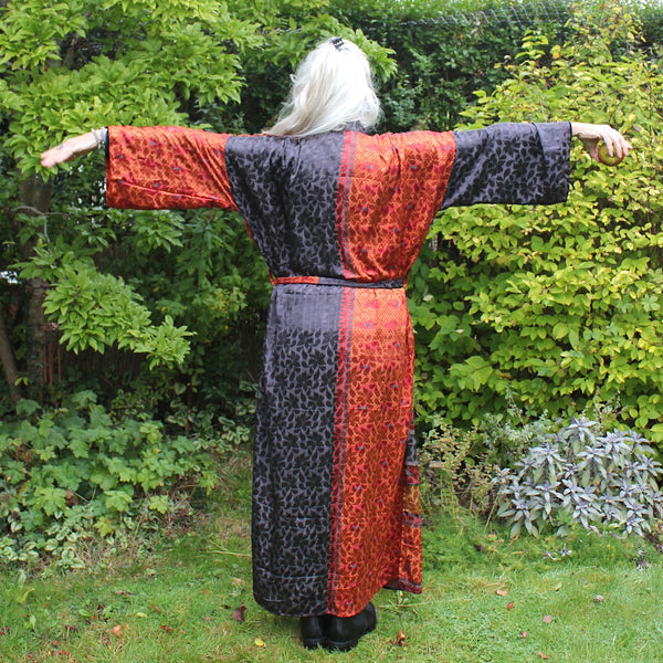 Recycled Indian Sari Red + Slate Grey Kimono