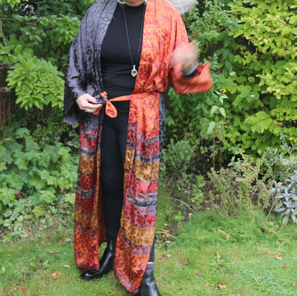 Recycled Indian Sari Red + Slate Grey Kimono