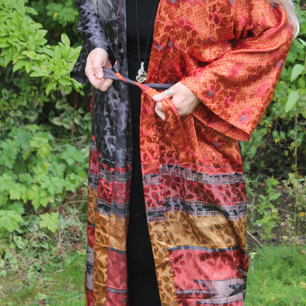 Recycled Indian Sari Red + Slate Grey Kimono