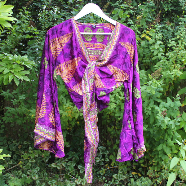 Recycled India Sari Purple + Lime Green Butterfly Wrap Top