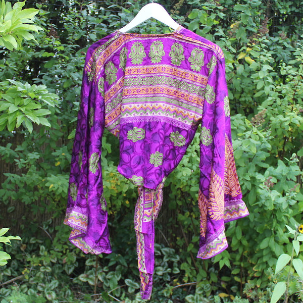 Recycled India Sari Purple + Lime Green Butterfly Wrap Top
