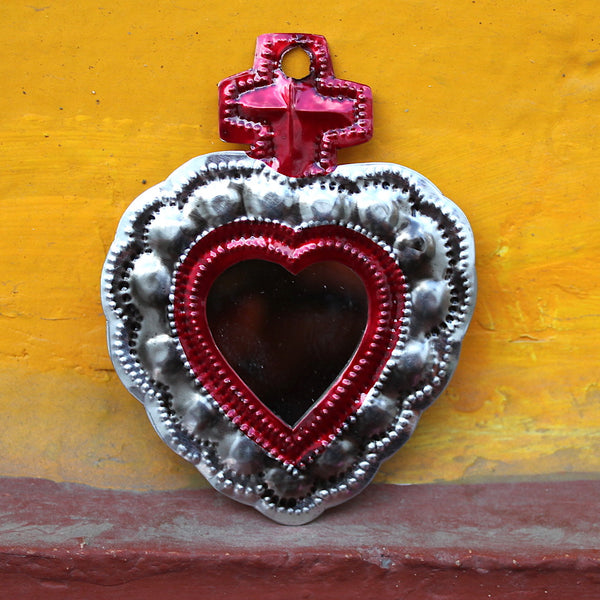 Mexican Folk Art 'Milagro' Cross Red Heart Mirror
