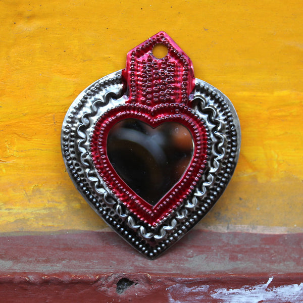 Mexican Folk Art 'Milagro' Red Heart Mirror
