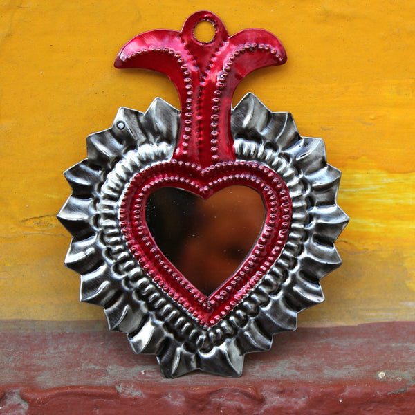Mexican Folk Art 'Milagro' Red Flourishing Heart Mirror