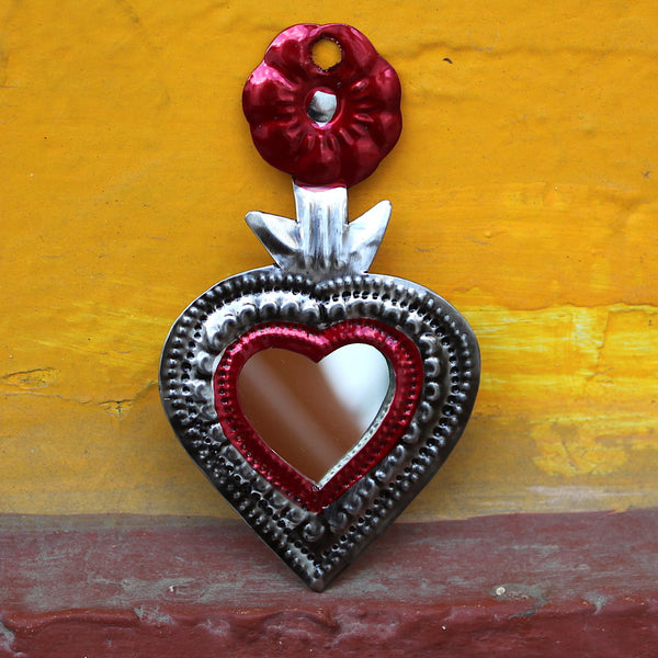 Mexican Folk Art 'Milagro' Red Flower Heart Mirror