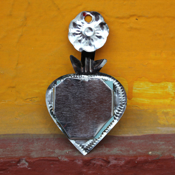 Mexican Folk Art 'Milagro' Red Flower Heart Mirror