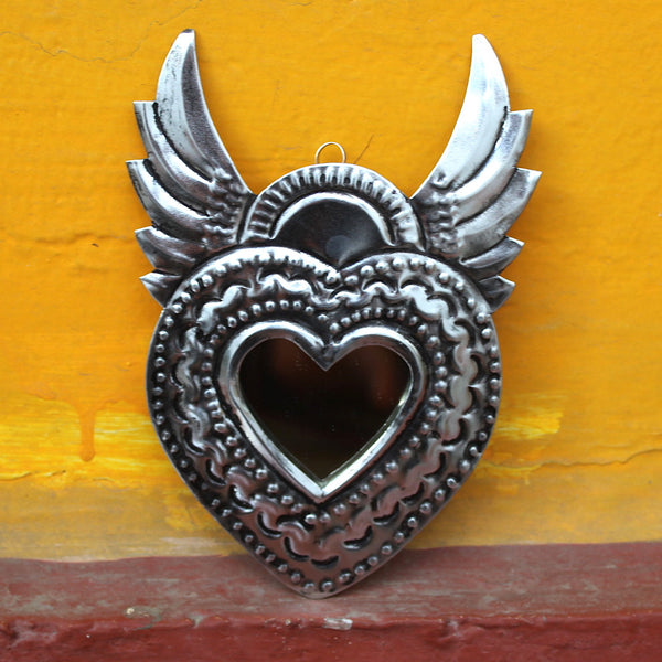 Mexican Folk Art 'Milagro' Winged Heart Mirror