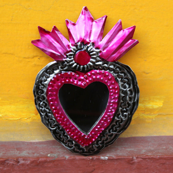 Mexican Folk Art 'Milagro' Pink Heart Mirror