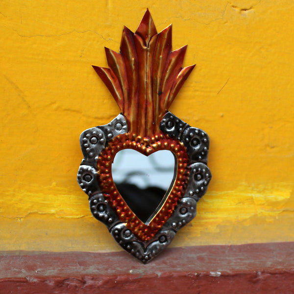 Mexican Folk Art 'Milagro' Orange Heart Mirror