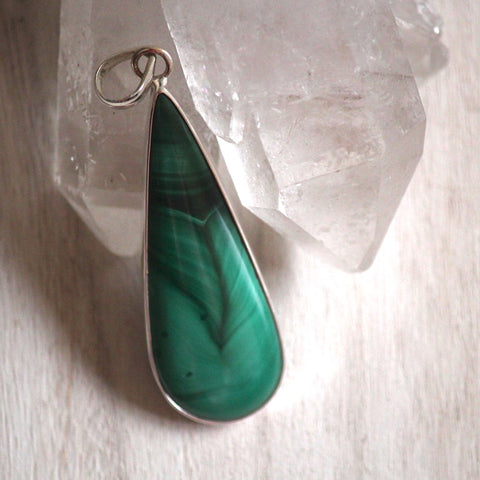 925 Silver + Malachite Long Drop Pendant