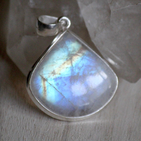 925 Silver + Rainbow Moonstone Drop Statement Pendant
