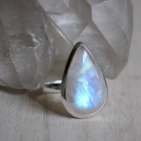 925 Silver Rainbow Moonstone Raindrop Ring