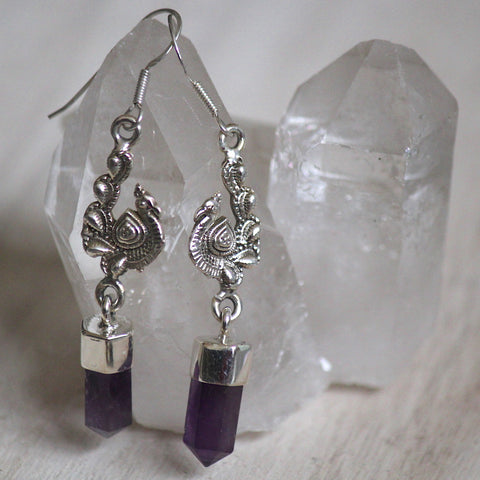 925 Silver + Amethyst Peacock Earrings