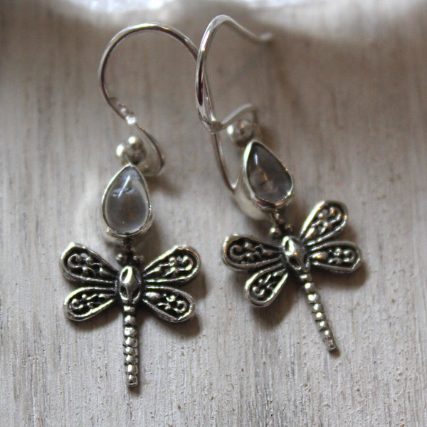 Little Dragonfly Earrings 925 Sterling Silver + Moonstone