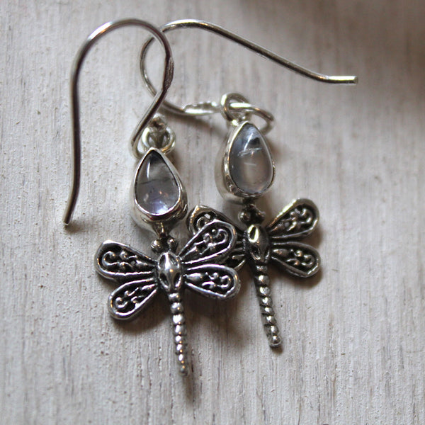Little Dragonfly Earrings 925 Sterling Silver + Moonstone