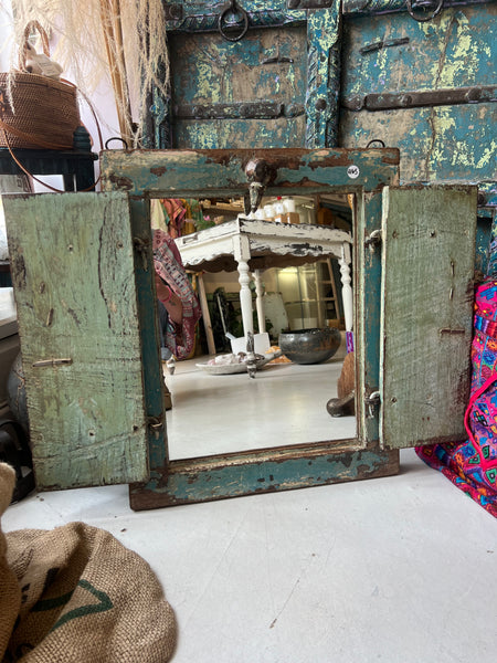 Vintage Indian Azure Blue Shutter Door Mirror