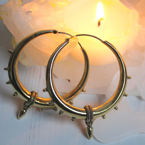 Large Handmade Brass Indian Spike Hoops