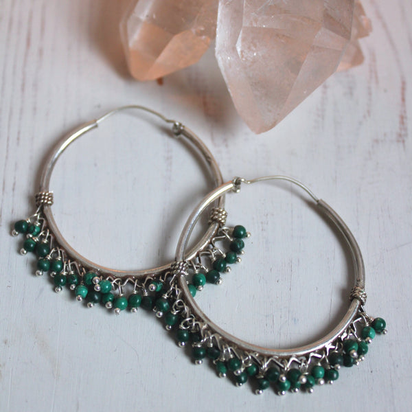 Sterling Silver Dangly Malachite Hoops