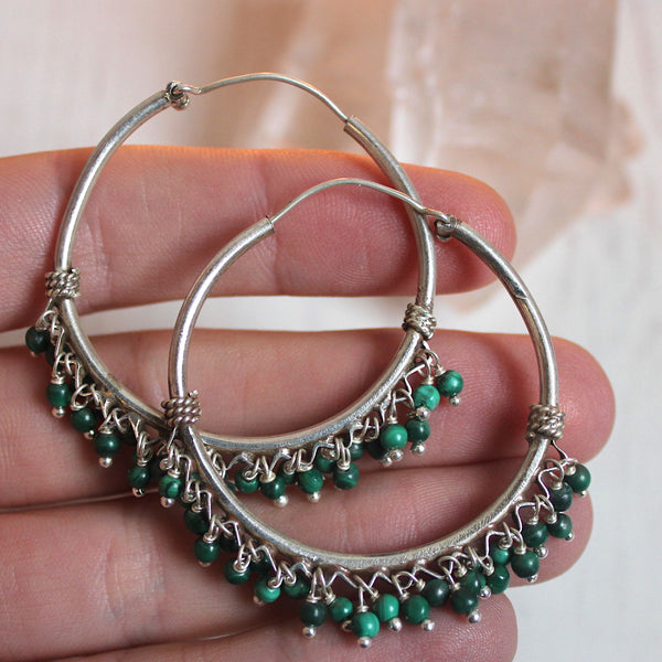Sterling Silver Dangly Malachite Hoops