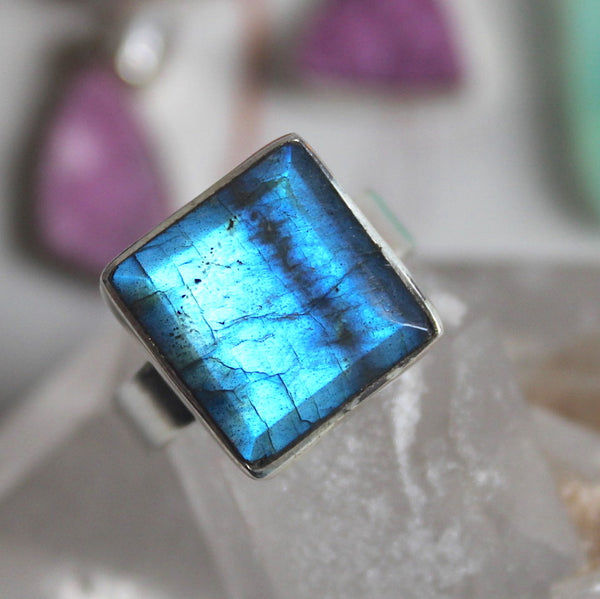 Labradorite + Sterling Silver Faceted Square Ring