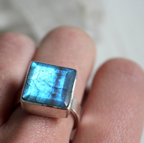 Labradorite + Sterling Silver Faceted Square Ring