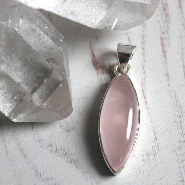 Rose Quartz + Sterling Silver Marquise Pendant