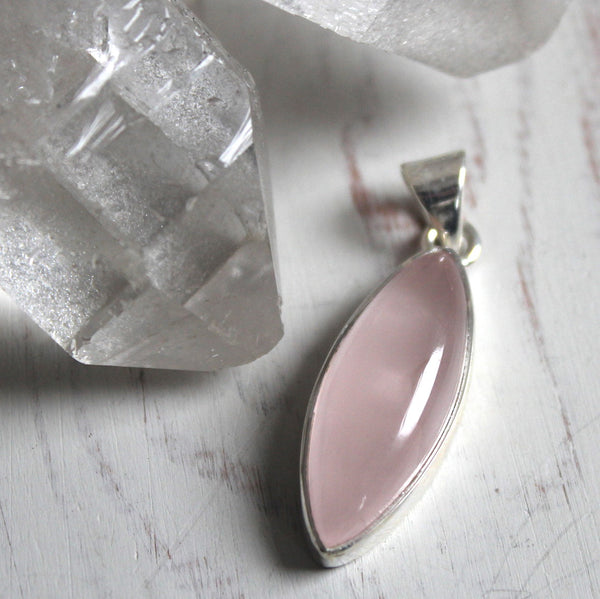 Rose Quartz + Sterling Silver Marquise Pendant