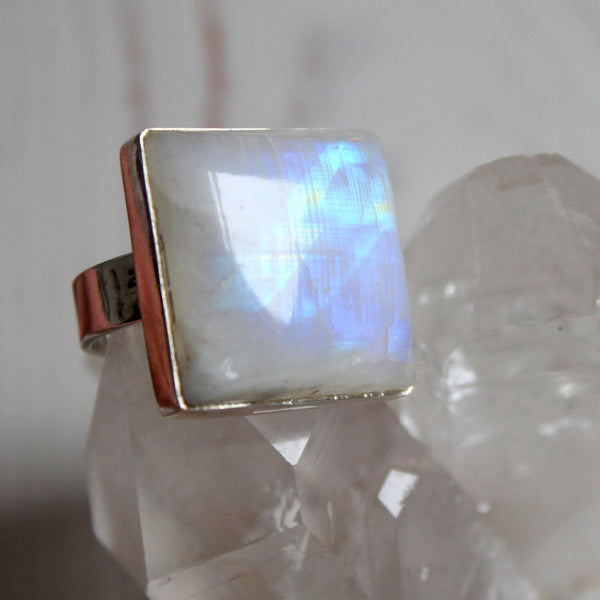 Large Moonstone 925 Silver Square Ring