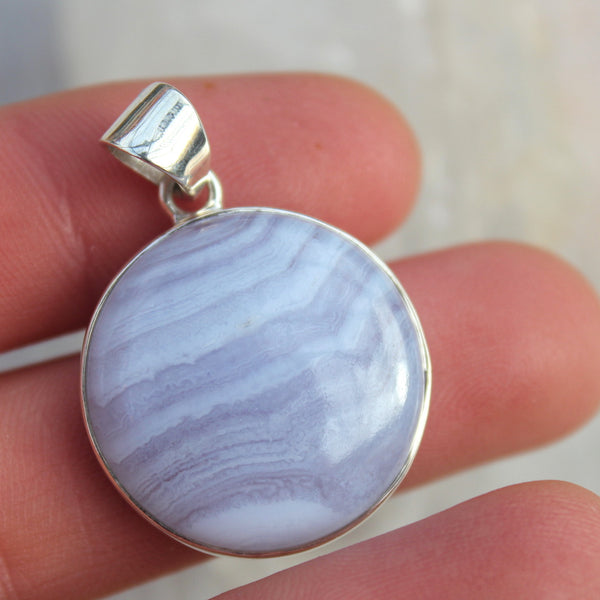 Blue Lace Agate and 925 Silver Circle Pendant