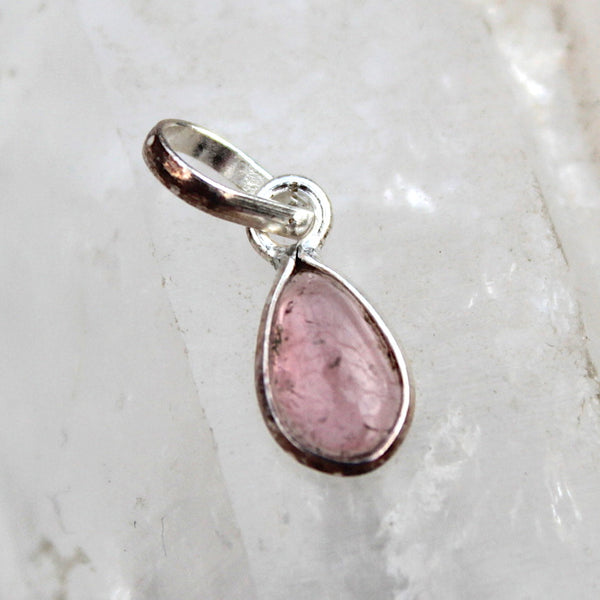 Little Mini Pink Tourmaline + 925 Silver Droplet Pendant