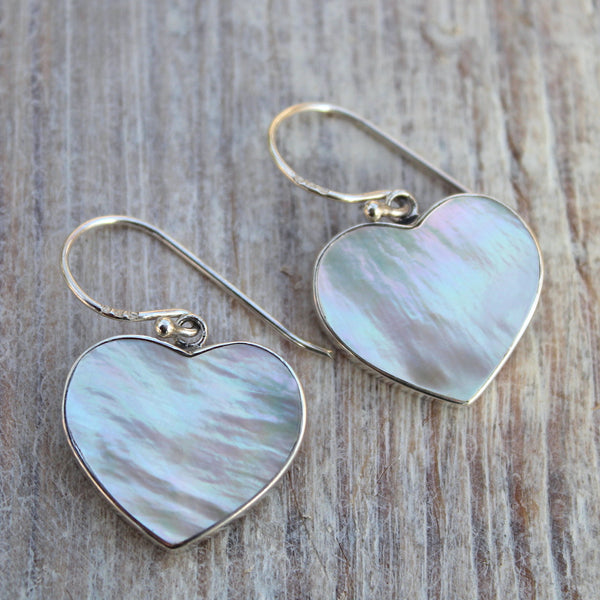 Sterling Silver + Mother of Pearl Heart Earrings