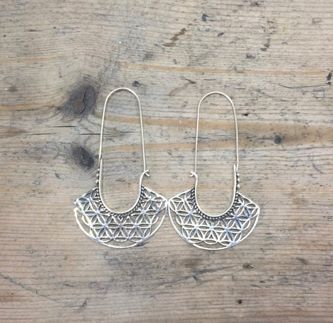 925 Silver Long Sacred Geometry Flower of Life earrings from Rajasthan, India.