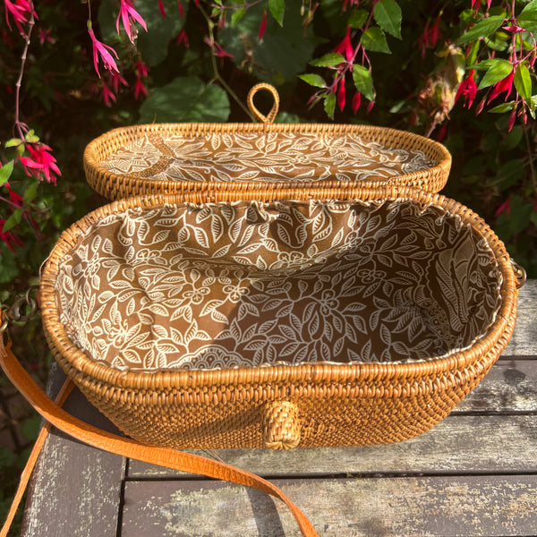 Handmade Indonesian Ata Grass Rattan Box Bag with Batik Lining