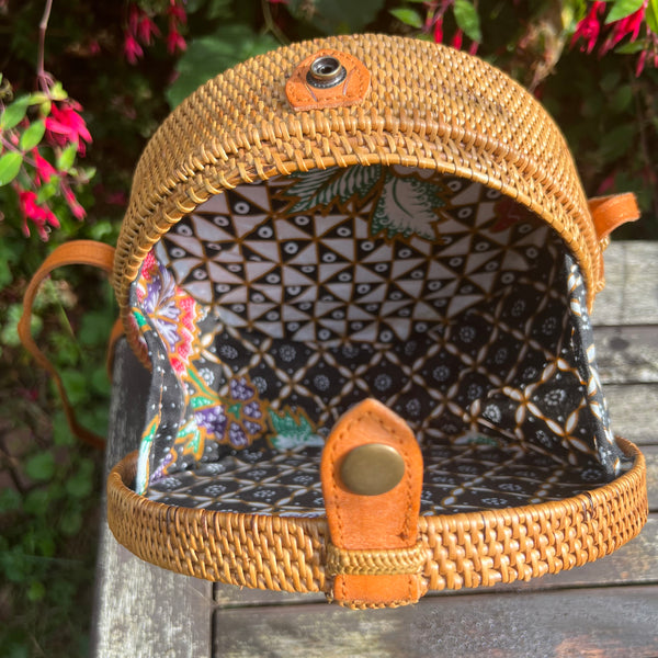 Handmade Indonesian Ata Grass Original Circle Rattan Bag with Batik Lining