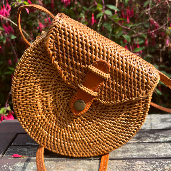 Handmade Indonesian Ata Grass Rattan Rounded Bag with Batik Lining