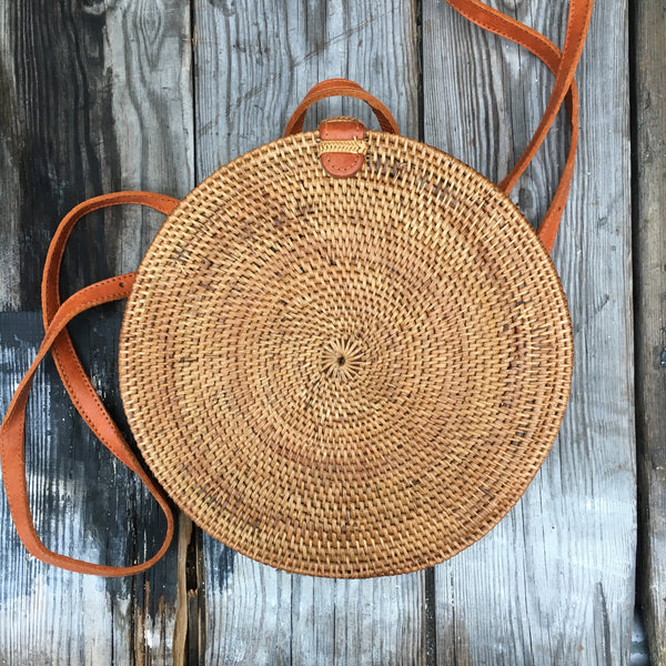 Handmade Indonesian Ata Grass Circle Rattan Backpack with Batik Lining