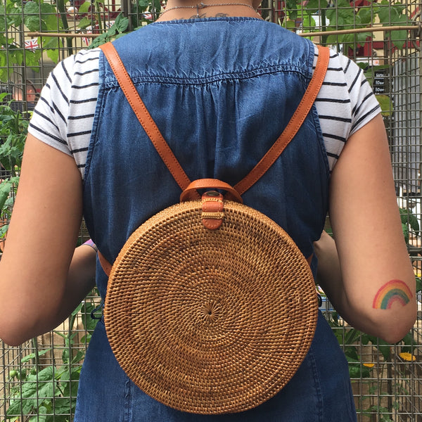 Handmade Indonesian Ata Grass Circle Rattan Backpack with Batik Lining