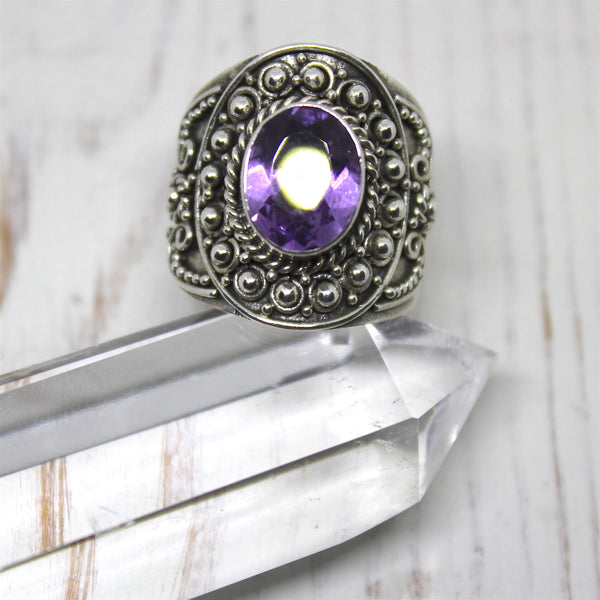 Amethyst and Sterling Silver Balinese Ring
