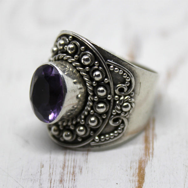 Amethyst and Sterling Silver Balinese Ring