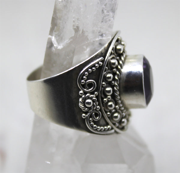 Amethyst and Sterling Silver Balinese Ring