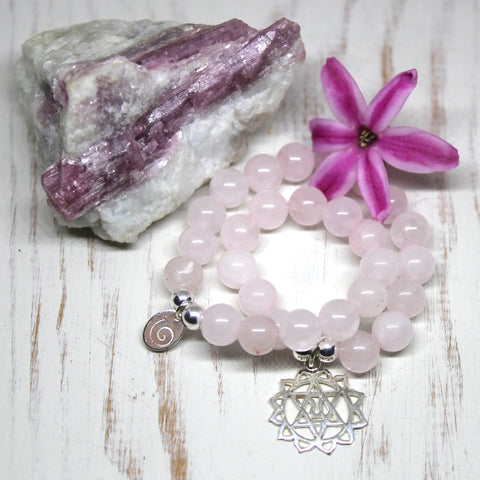 Heart Chakra Bracelet, Rose Quartz with Sterling Silver Pendant.