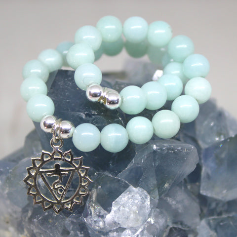 Throat Chakra Bracelet, Amazonite with Sterling Silver Charm