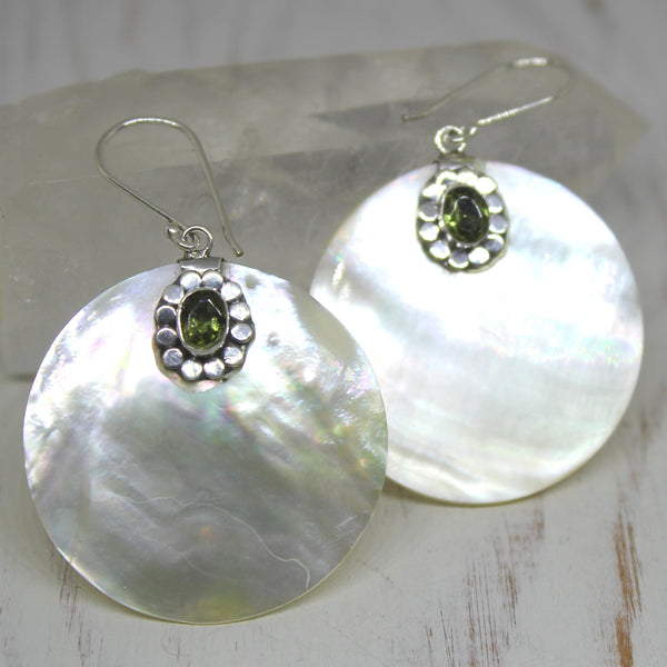 Handmade Mother of Pearl, Peridot and 925 Silver Earrings