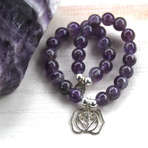 Third Eye Chakra Bracelet, Amethyst with Sterling Silver Pendant