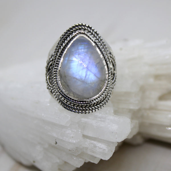 Handmade Moonstone and 925 Silver Raindrop Ring