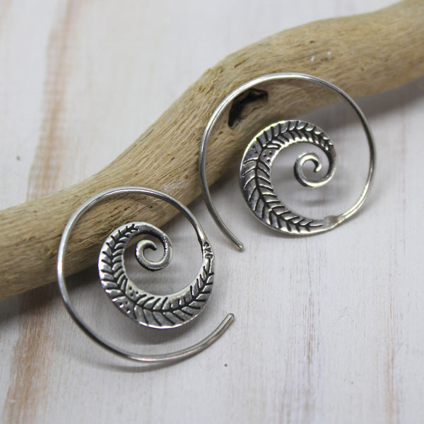Sterling Silver Spiral Earrings with intricate leaf pattern