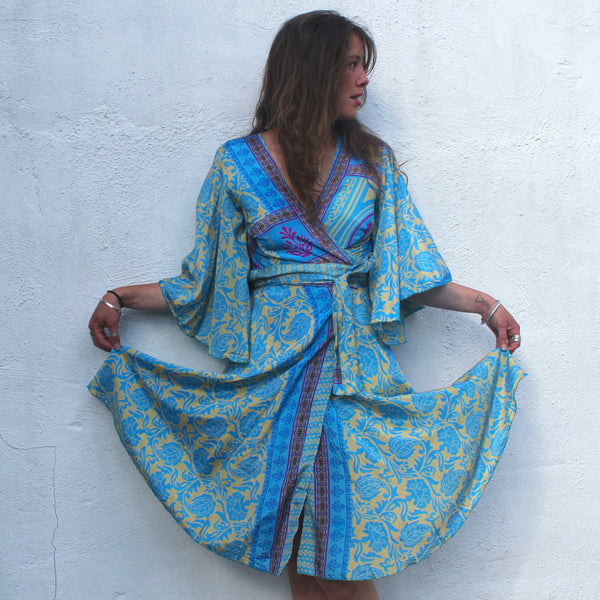 Recycled Indian Sari 'Nirja' Butterfly Wing Midi Wrap Dress