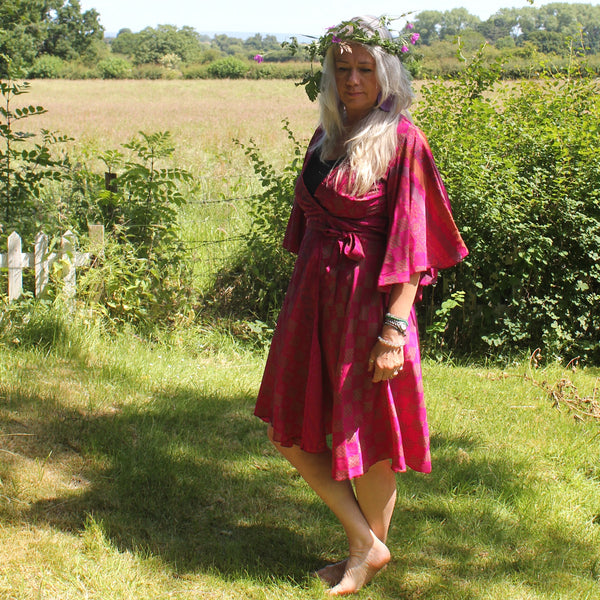 Recycled Indian Sari 'Indali' Butterfly Wing Midi Wrap Dress